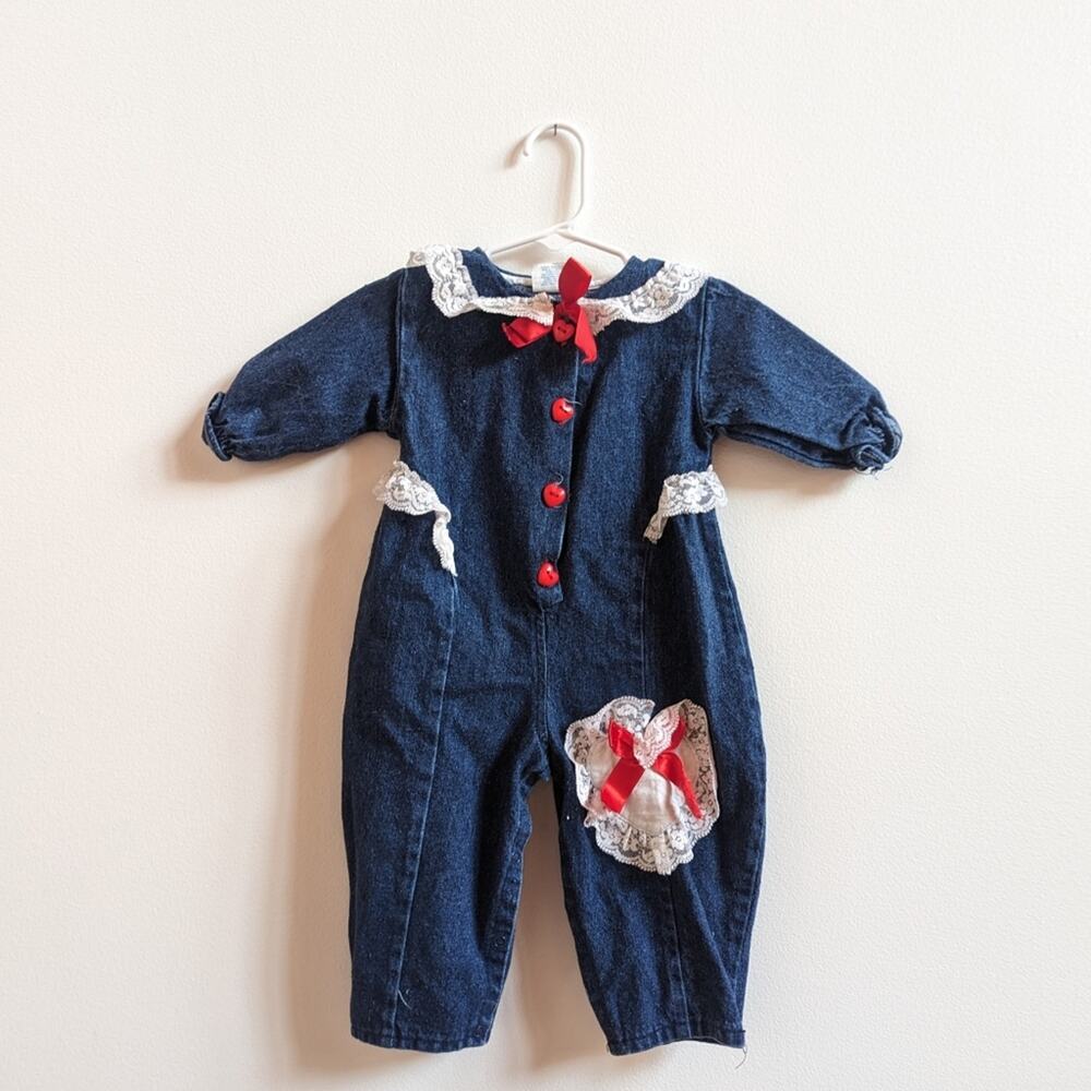 Vtg 90s Hopscotch Jumpsuit Baby Girls Sz 12m Denim Bows Romper